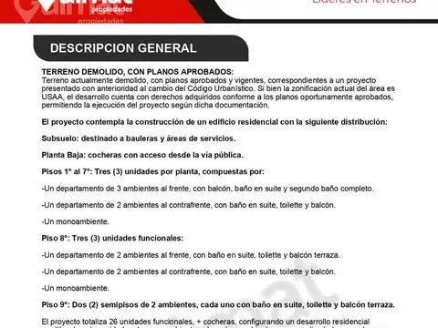 PLANOS APROBADOS - Excelente Terreno en Villa Urquiza- Lideres en Terrenos