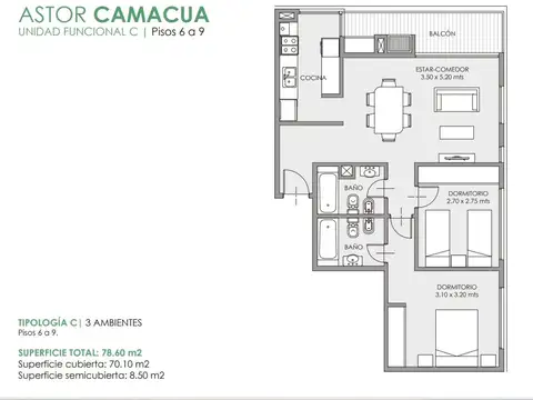 Departamento 3 ambientes con 2 baños