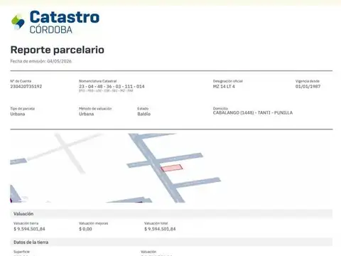 Terreno en Venta en Punilla, USD 16.000