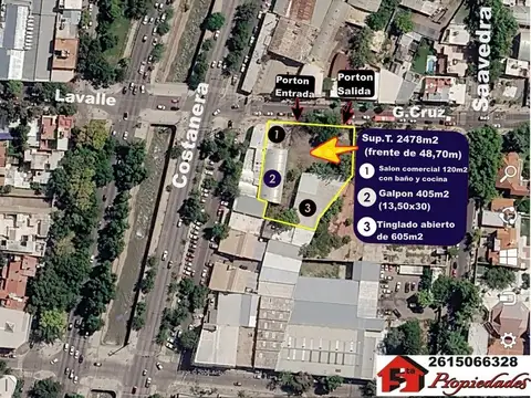 Bien Ubicado TERRENO.2478m2 (Salón 120m2+Galpon 405m2)