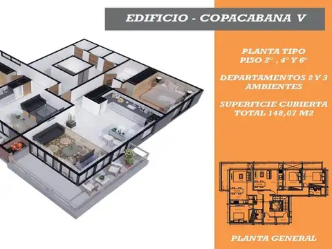 EMPRENDIMIENTO COPACABANA V°: 1 - 2 y 3 AMBIENTES + BALCON CON PARRILLA + COCHERA