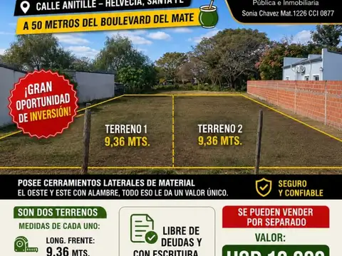 DOS TERRENO EN VENTA EN HELVECIA CALLE ANTILLE OPORTUNIDAD VALOR USD CADA UNO