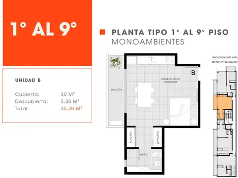Av. Belgrano 3588 8° B - Monoambiente con balcón en construcción en Almagro