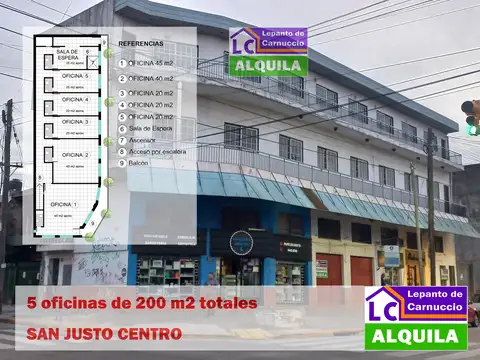 HERMOSAS 5 OFICINAS EN ALQUILER DE MÁS DE 200 M2 TOTALES. CADA UNA CON BAÑO Y ACCESO POR ESCALERA O ASCENSOR. EN SEGUNDO PISO - San Justo Centro