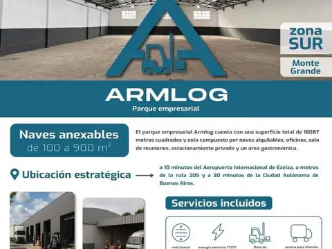 Galpón en predio empresarial de 900m2 en Monte Grande