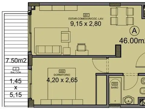 Departamento 2 ambientes con 1 baño