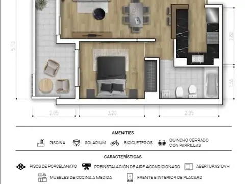 Departamento 2 ambientes con 1 baño