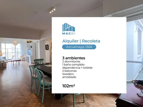 Excelente Dpto. 3 ambientes en Alquiler Temporal totalmente equipado en Recoleta.