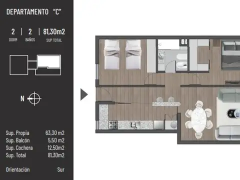 Departamento 2 ambientes con 2 baños