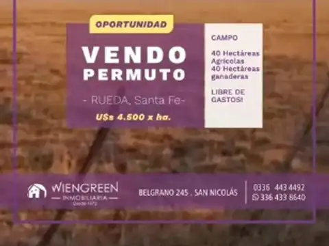 Vendo o Permuto Campo de 80 has mixtas en Rueda