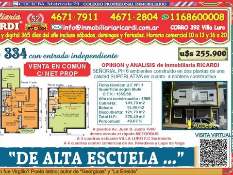 DE ALTA ESCUELA - señorial PH 6 amb. entrada exclusiva