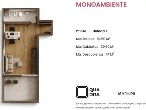 Departamento Monoambiente con 1 baño