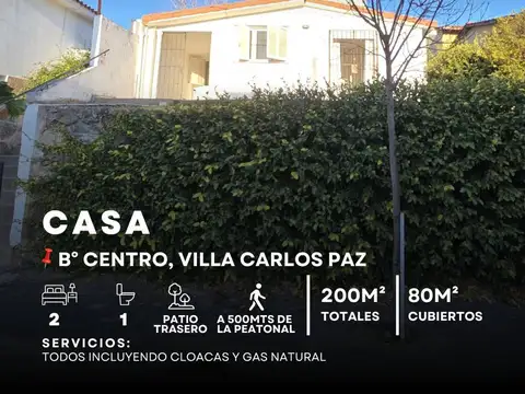 SE VENDE CASA DE 2 DORMITORIOS EN CENTRO, CARLOS PAZ.