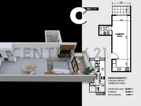 Departamento Monoambiente con 1 baño
