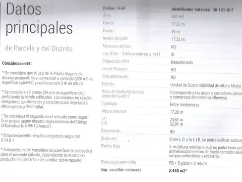 DOBLAS 1400 Terreno 17,20x49 Apto 2440m2 vendibles P.Chacabuco VENTA