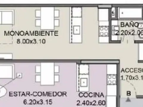 Departamento Monoambiente con 1 baño