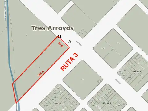 Tres Arroyos: Excelente fracción de tierra de 1,3 hectáreas con 255 metros sobre la Ruta 3