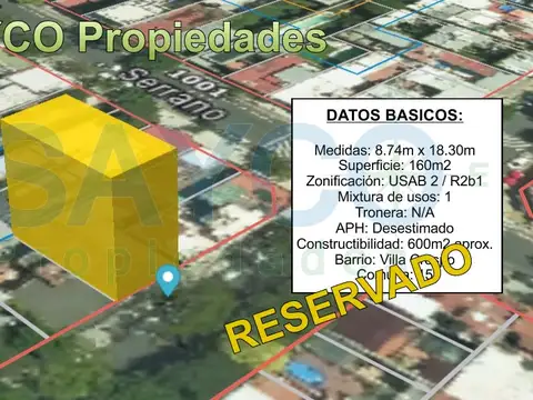 RESERVADO - Vendo terreno 8.74m x 18.30m / USAB 2 / 160m2 Totales / 600m2 Construibles aprox.