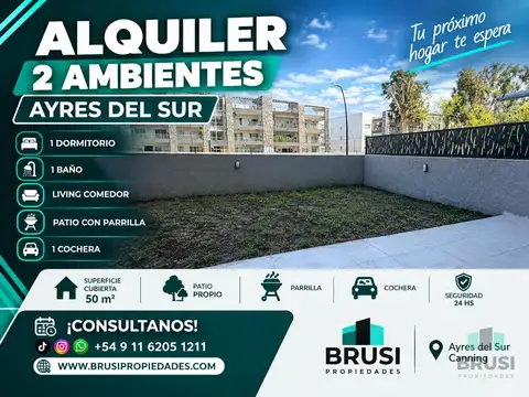 ALQUILER | DEPARTAMENTO 1 DORMITORIO | AYRES DEL SUR | JARDÍN Y PARRILLA