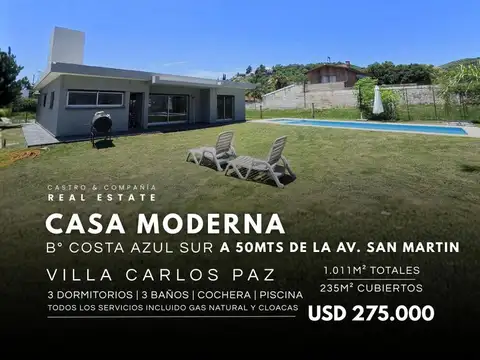 Casa 3 Dormitorios Con Piscina 1000M² Parque, Todos Los Servicios. Costa Azul Sur, Villa Carlos Paz