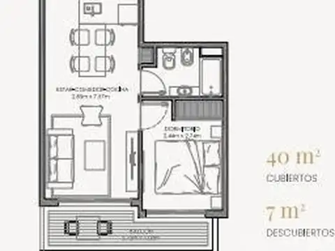 Departamento 2 ambientes con 1 baño