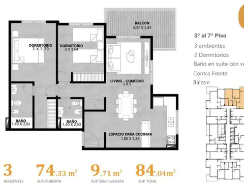 Departamento 3 ambientes con 2 baños