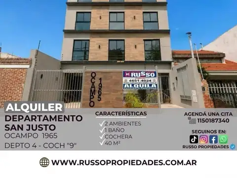 Alquiler departamento 2 ambientes con cochera San Justo