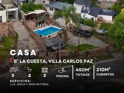 VENTA GRAN CASA DE 3 DORMITORIOS CON VISTA AL LAGO EN B° LA CUESTA, VILLA CARLOS PAZ