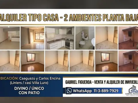 ALQUILER 2 AMBIENTES TIPO CASA AL FRENTE CON PATIO HERMOSO Y AMPLIO IMPECABLE