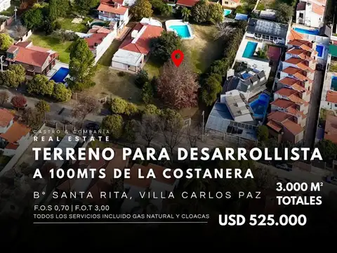 Venta Terreno Premium de 3.000 m2 En Villa Carlos Paz - Barrio Santa Rita A Metros De La Costanera