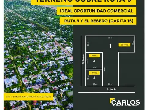 Terreno de gran dimensión sobre Ruta 9 (ver en la descripción costo por lote)
