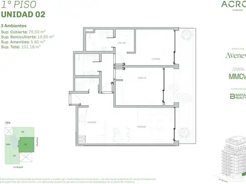 Departamento de 3 ambientes en venta en Chacarita
