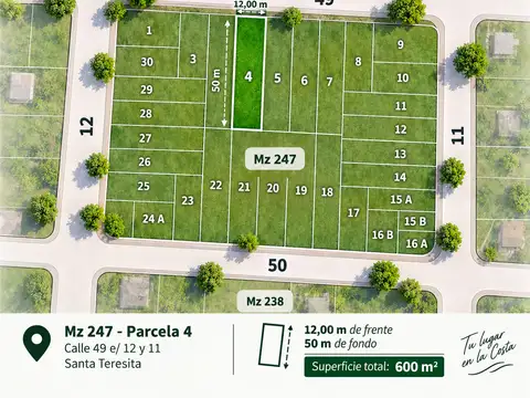 Lote 600 m2 en Santa Teresita (160813).