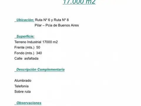 Terreno en Venta de 17000,0 m2