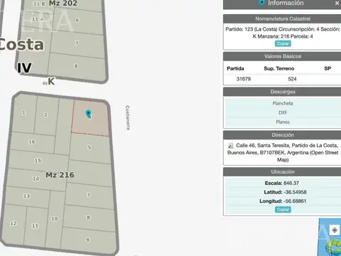 Terreno en Venta en Santa Teresita, USD 70.000