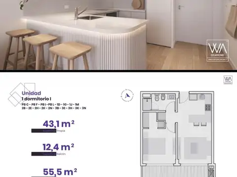 Departamento en Venta de 1 dormitorio