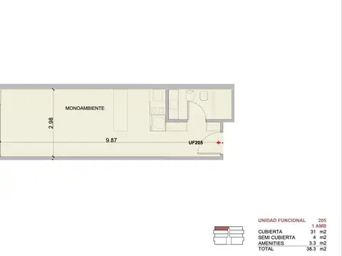 Departamento monoambiente con parrilla en Palermo