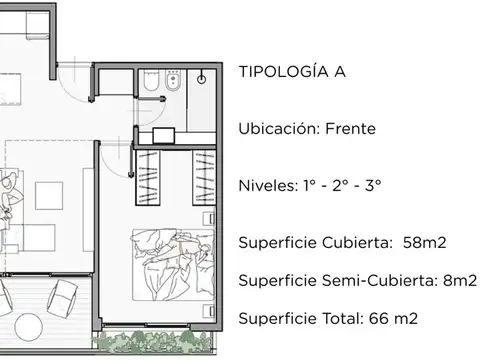 Departamento 2 ambientes con 1 baño