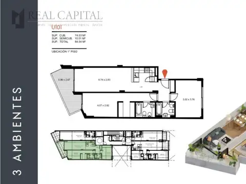 Departamento 3 ambientes con 2 baños