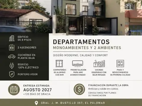 BUSTILLO 357 | Emprendimiento  El Palomar | 1 y 2 amb.Financ