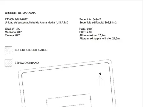 Pavón al 2000, entre Rincón y Sarandí, San Cristóbal. Terreno en venta de 10 x 30 = 349 m2. Fot: 7,95. Fos: 0,87. Para construir 2775 m2. 7 pisos, más subsuelo. Altura máxima: 17,2 metros. Altura máxima plano limite: 24,2 metros.