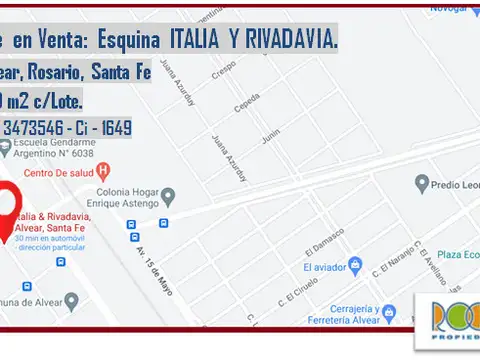 LOTE, ESQUINA 368m2: ITALIA Y RIVADAVIA, ALVEAR