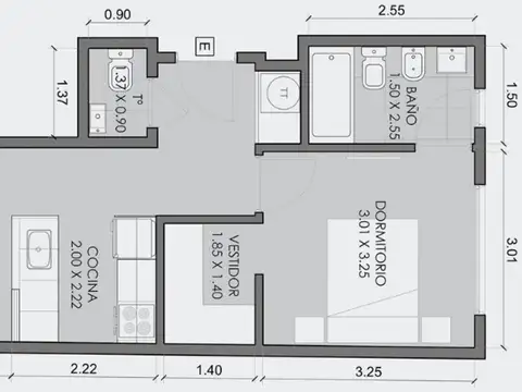 Departamento 2 ambientes con 1 baño