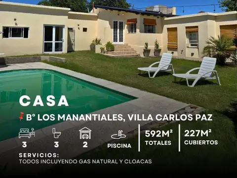 VENTA CASA EN PLANTA ÚNICA 3 DOR, PISCINA, TODOS LOS SERVICIOS.  B°Los Manantiales, Villa Carlos Paz