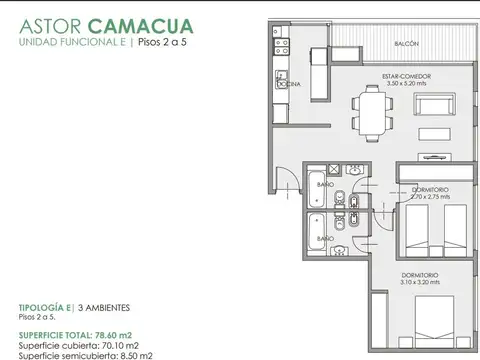 Departamento 3 ambientes con 2 baños