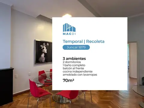 Excelente Dpto. 3 ambientes en Alquiler Temporal totalmente equipado.