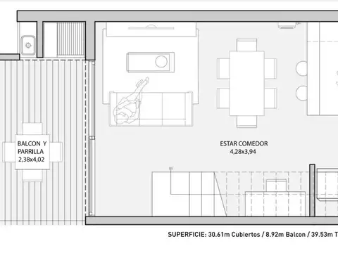 2 Ambientes Amplios en Duplex con Balcon Terraza con Parrilla