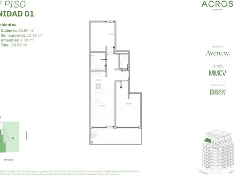 Departamento de 3 ambientes con terraza en venta en Chacarita
