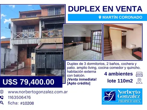 EN VENTA EN MARTIN CORONADO; DUPLEX DE 4 AMBIENTES