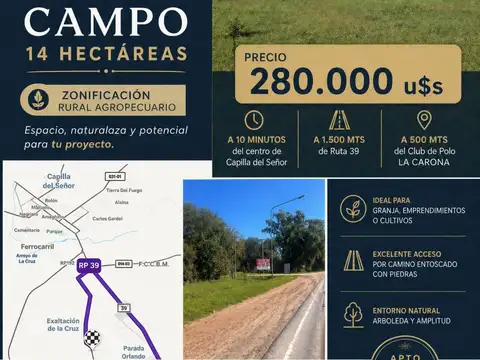 VENTA CAMPO 14 Ha. agropecuarias, APTO GRANJA, Emprendimiento o Cultivo